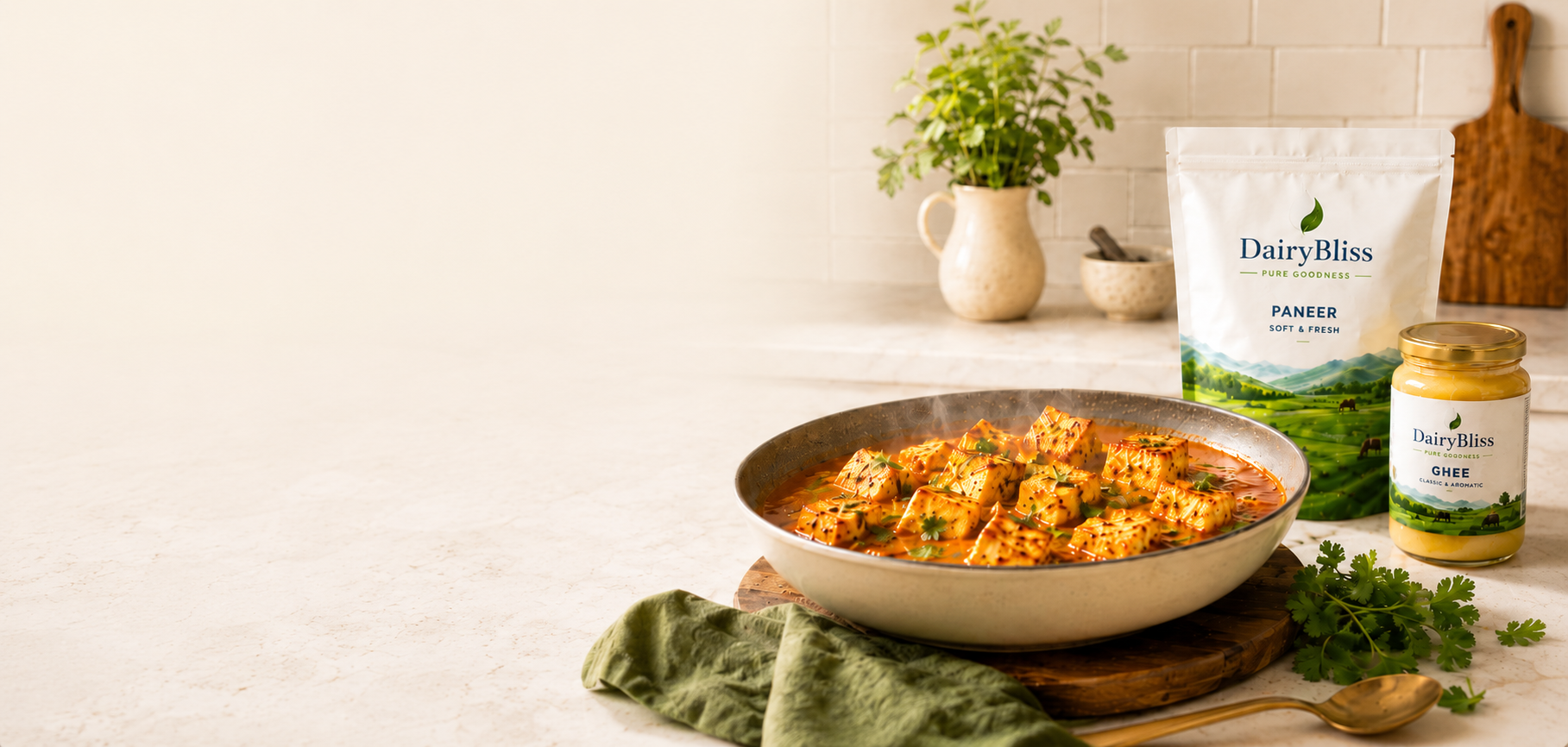Dairy Bliss paneer pack, fresh paneer, and ghee on a kitchen counter